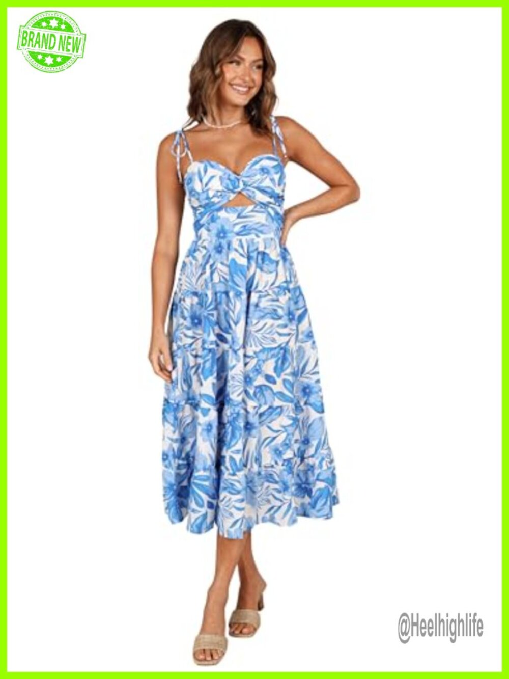 Women's Rose Midi Dress Floral Sweetheart Cut Out Tie Strap Semi Formal